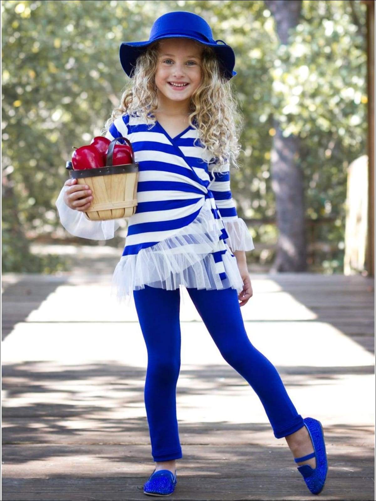 Royal Stripe Ruffled Wrap Tunic and Leggings Set - Girls Fall Casual Set