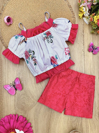 Girls Spring Outfits | Pinstripe Ruffle Sleeve & Eyelet Shorts Set