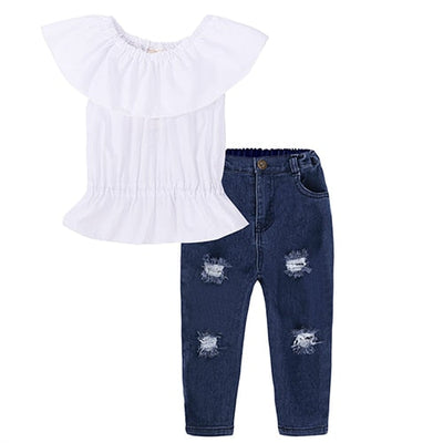 Girls Spring Outfits | Ruffle Bib White Top & Ripped Jeans Set