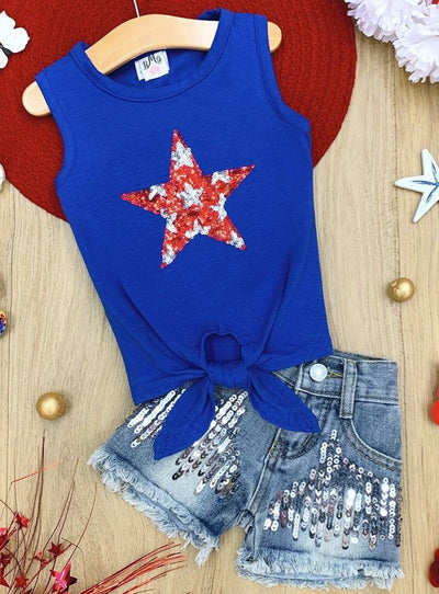 Girls Sequin Star Knot Tank and Denim Shorts Set - Mia Belle Girls