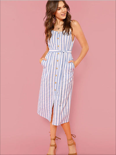 Womens Belted Striped Midi Dress With Side Pockets - Blue / XS - Womens Dresses