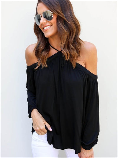 Womens Black Halter Off-Shoulder Tunic - Black / S - Womens Tops