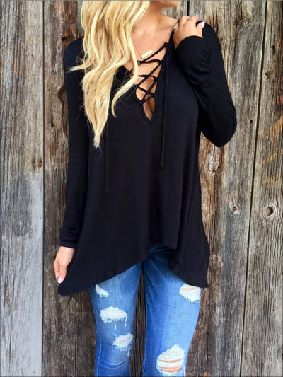 Womens Black Long Sleeve Criss Cross Neck Deep V Tunic - Black / S - Womens Tops