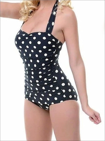 Womens Black Retro Polka Dot Halter One Piece Swimsuit - Womens Swimsuits