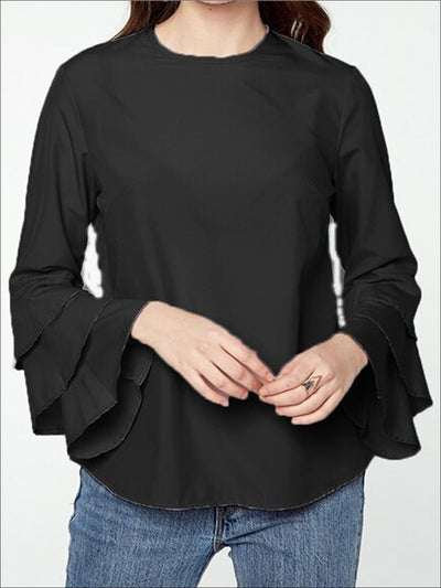 Womens Black Tiered Ruffle Sleeve Blouse - Womens Tops