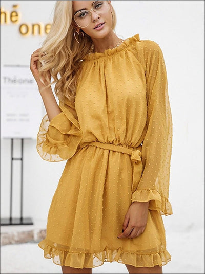 Womens Bow Tie Knot Backless Ruffled Mesh Dress - Womens Dresses