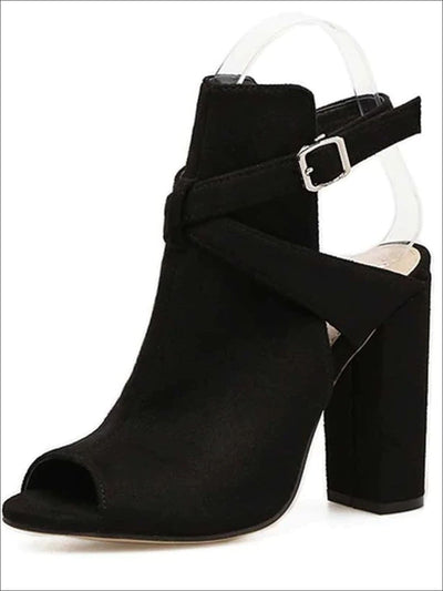 Womens Buckle Strap High Heel Booties - Black / 4 - Womens Shoes