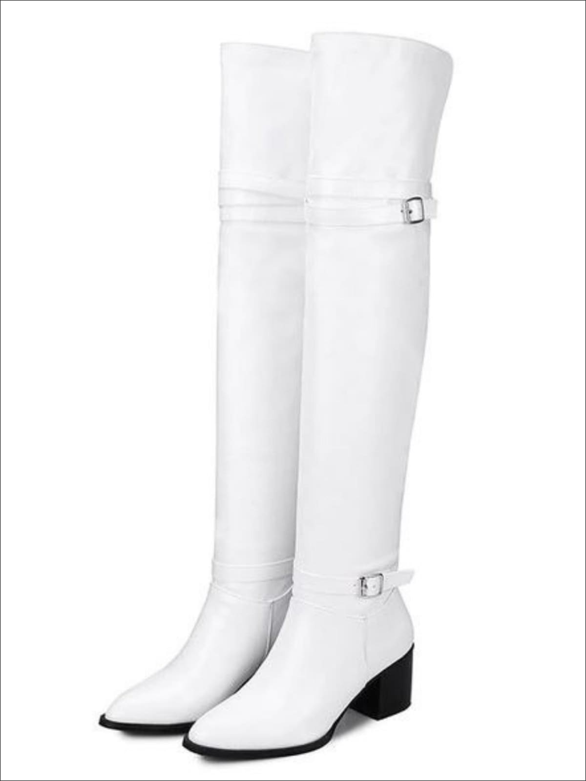 Womens Buckle Strap Over the Knee Boots (Black & White) - White / 3 - Womens Boots