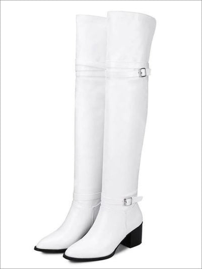 Womens Buckle Strap Over the Knee Boots (Black & White) - White / 3 - Womens Boots