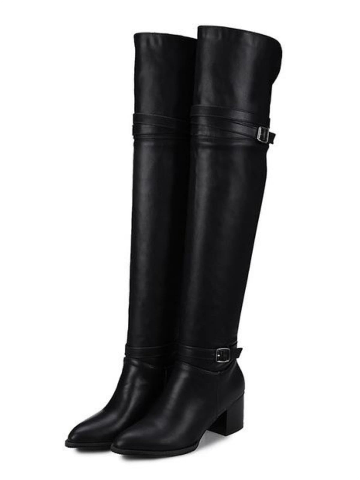 Womens Buckle Strap Over the Knee Boots (Black & White) - Black / 3 - Womens Boots