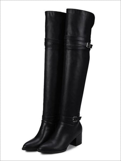 Womens Buckle Strap Over the Knee Boots (Black & White) - Black / 3 - Womens Boots
