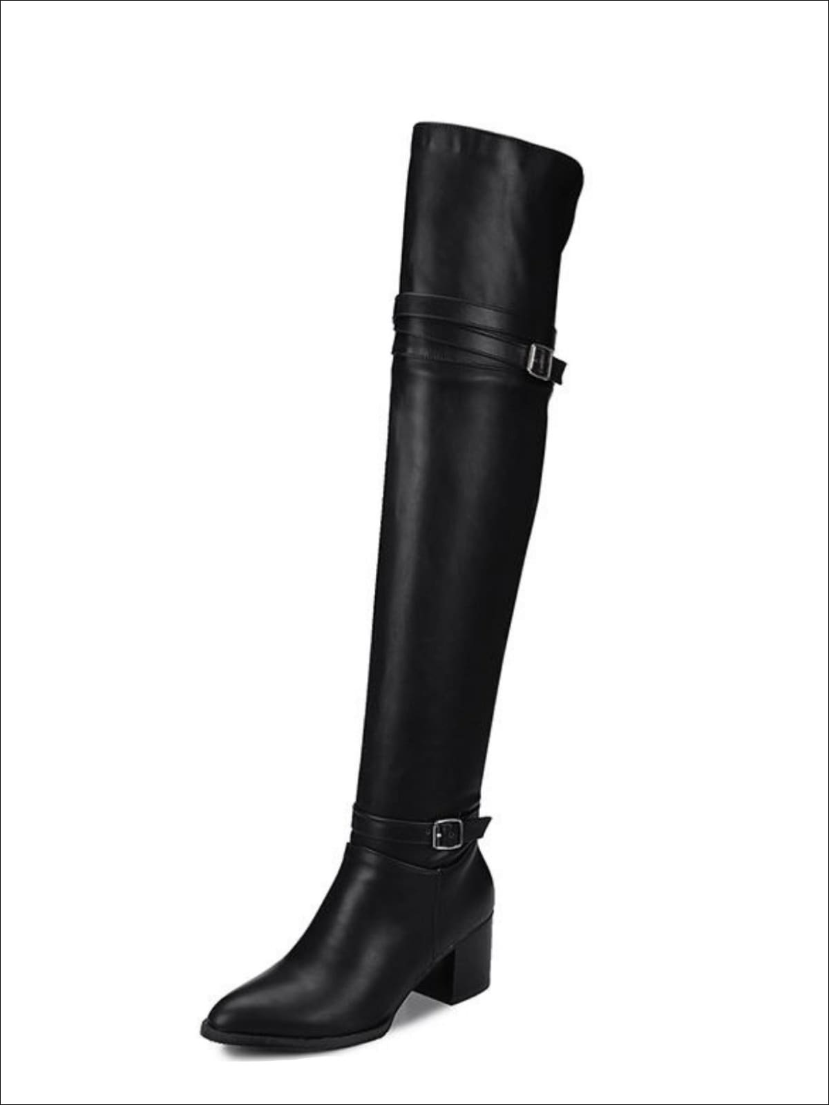 Womens Buckle Strap Over the Knee Boots (Black & White) - Womens Boots