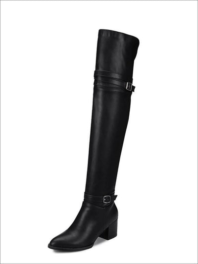 Womens Buckle Strap Over the Knee Boots (Black & White) - Womens Boots