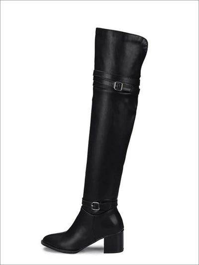 Womens Buckle Strap Over the Knee Boots (Black & White) - Womens Boots
