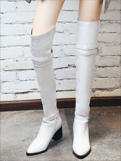 Womens Buckle Strap Over the Knee Boots (Black & White) - Womens Boots