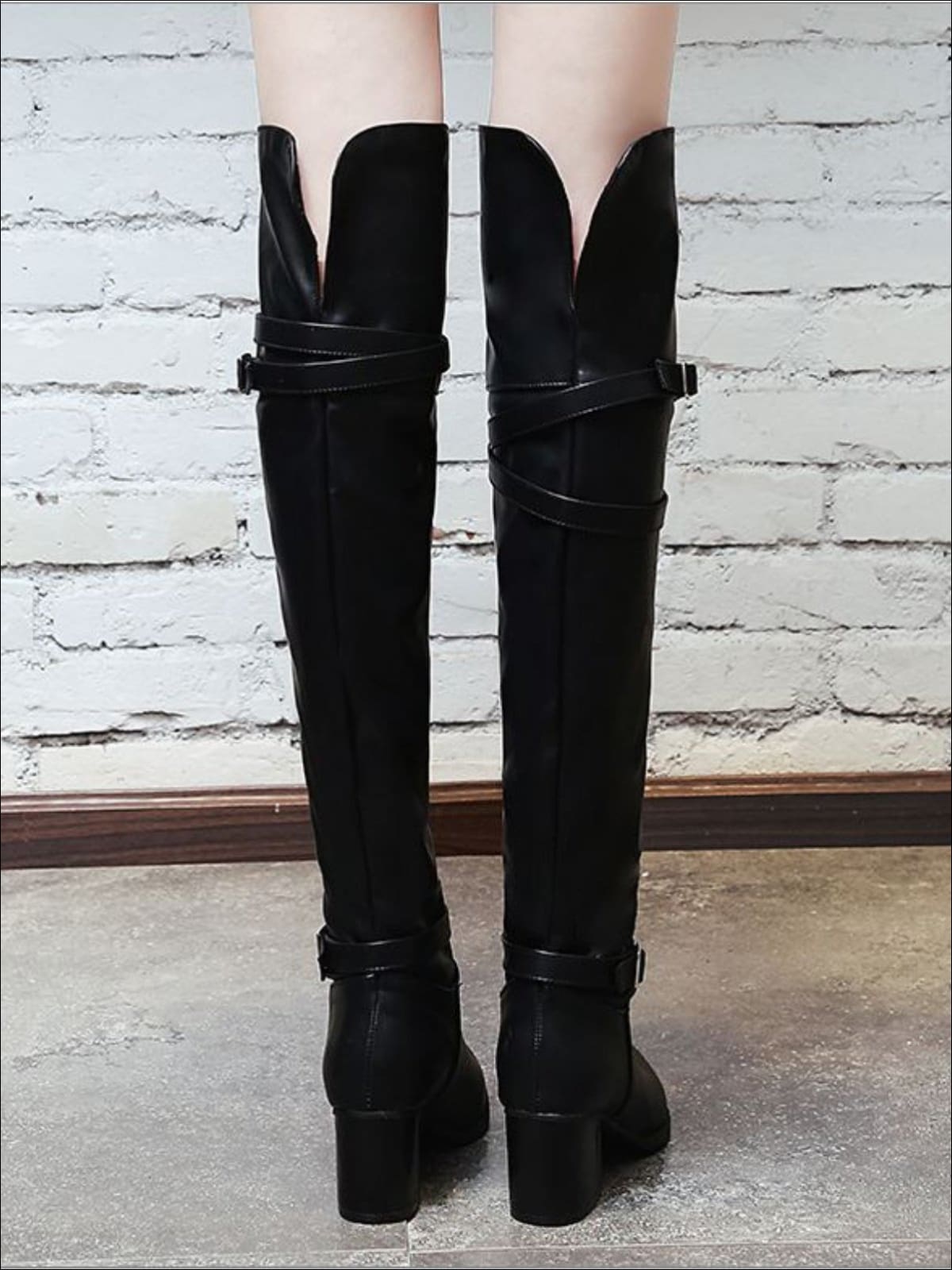 Womens Buckle Strap Over the Knee Boots (Black & White) - Womens Boots