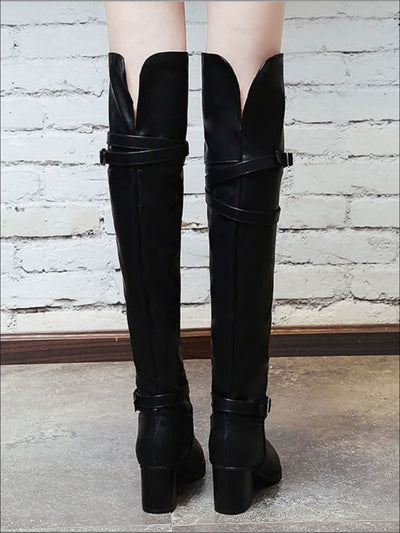 Womens Buckle Strap Over the Knee Boots (Black & White) - Womens Boots