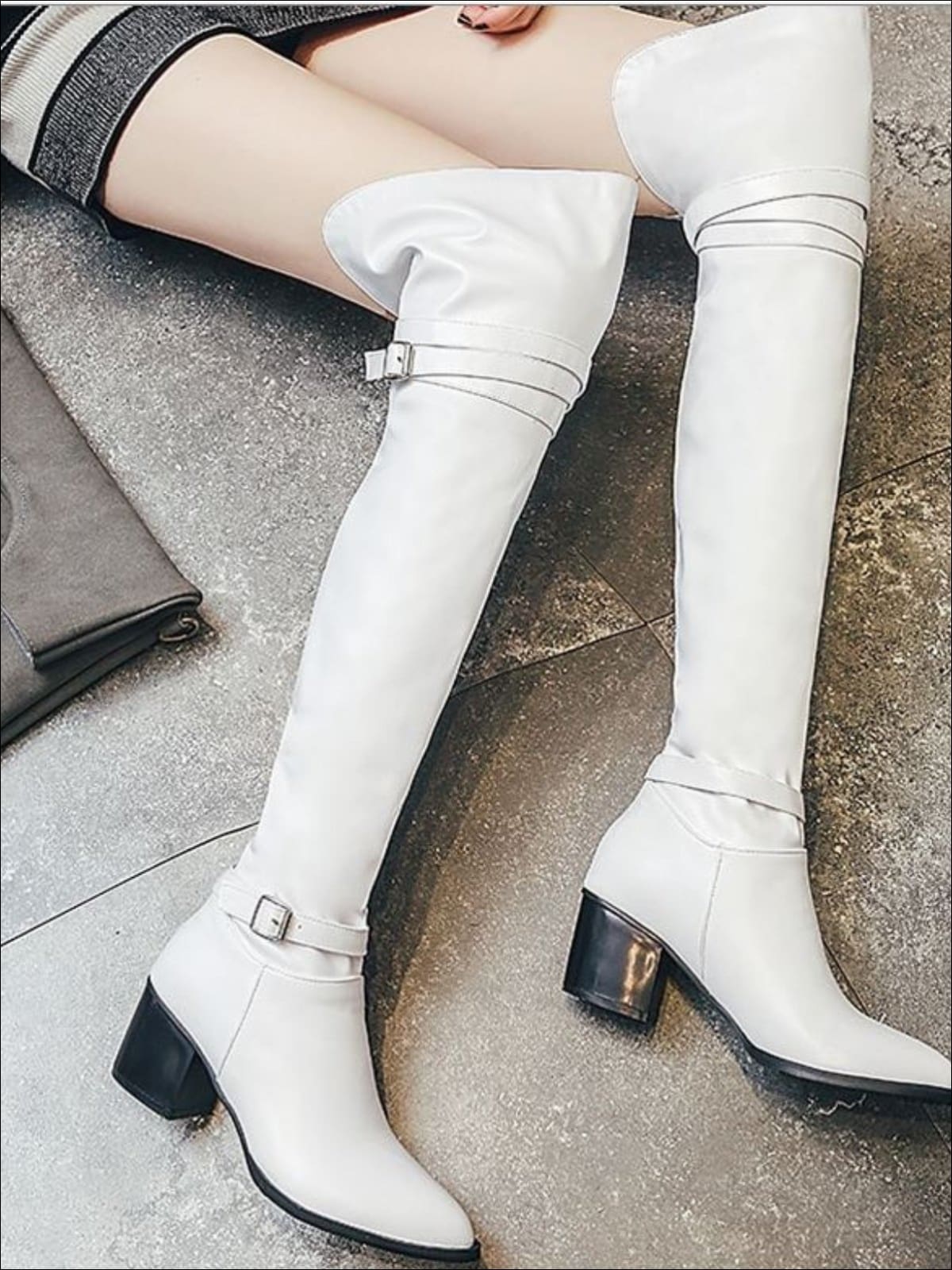 Womens Buckle Strap Over the Knee Boots (Black & White) - Womens Boots