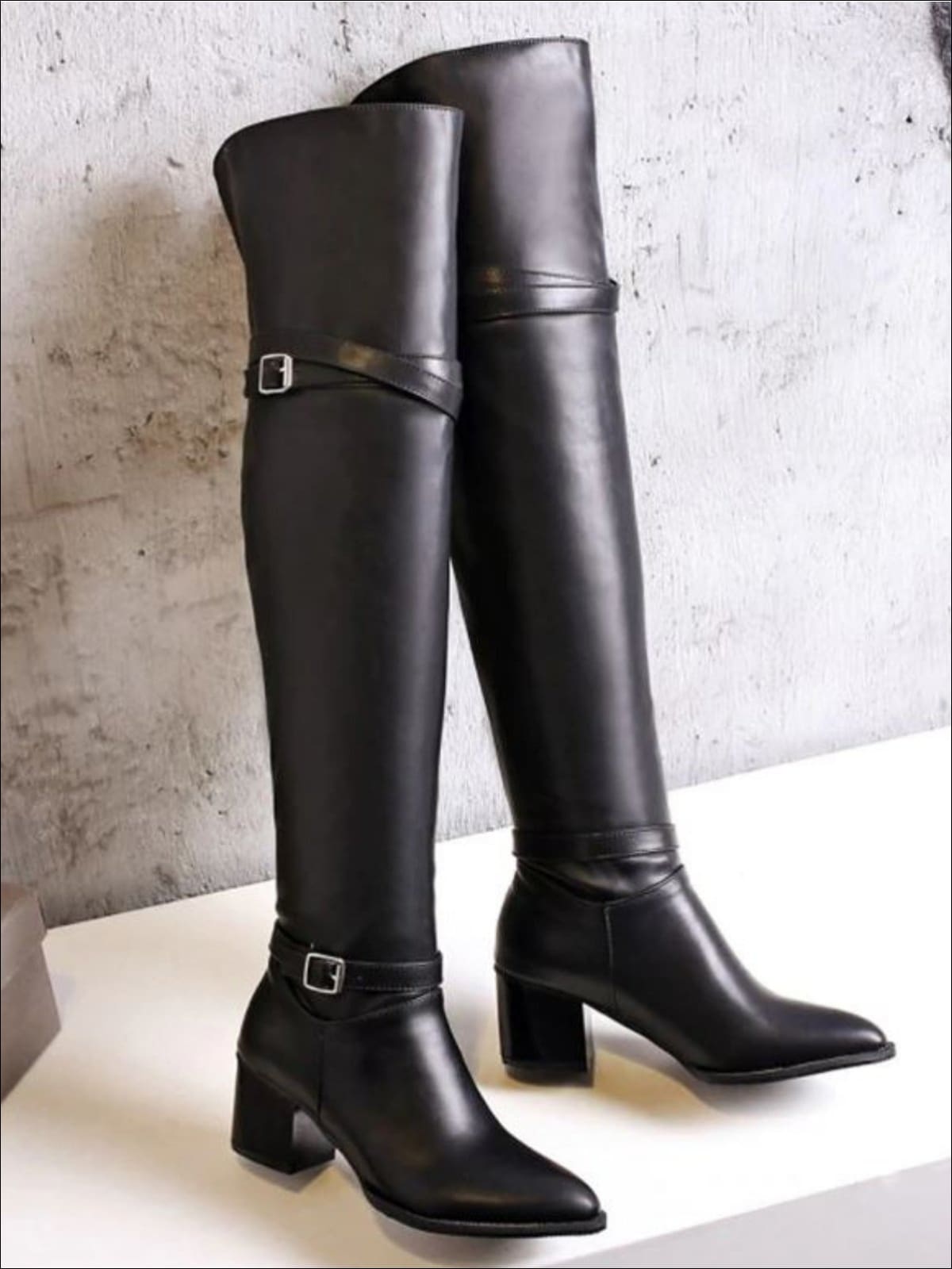 Womens Buckle Strap Over the Knee Boots (Black & White) - Womens Boots