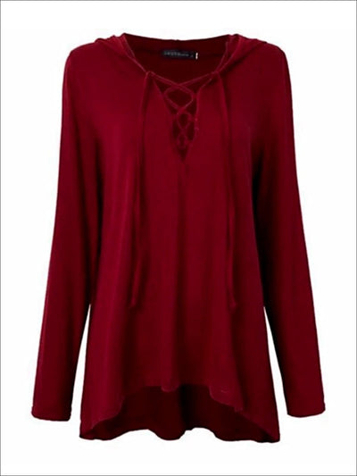 Womens Burgundy Long Sleeve Criss Cross Deep V Tunic - Womens Tops