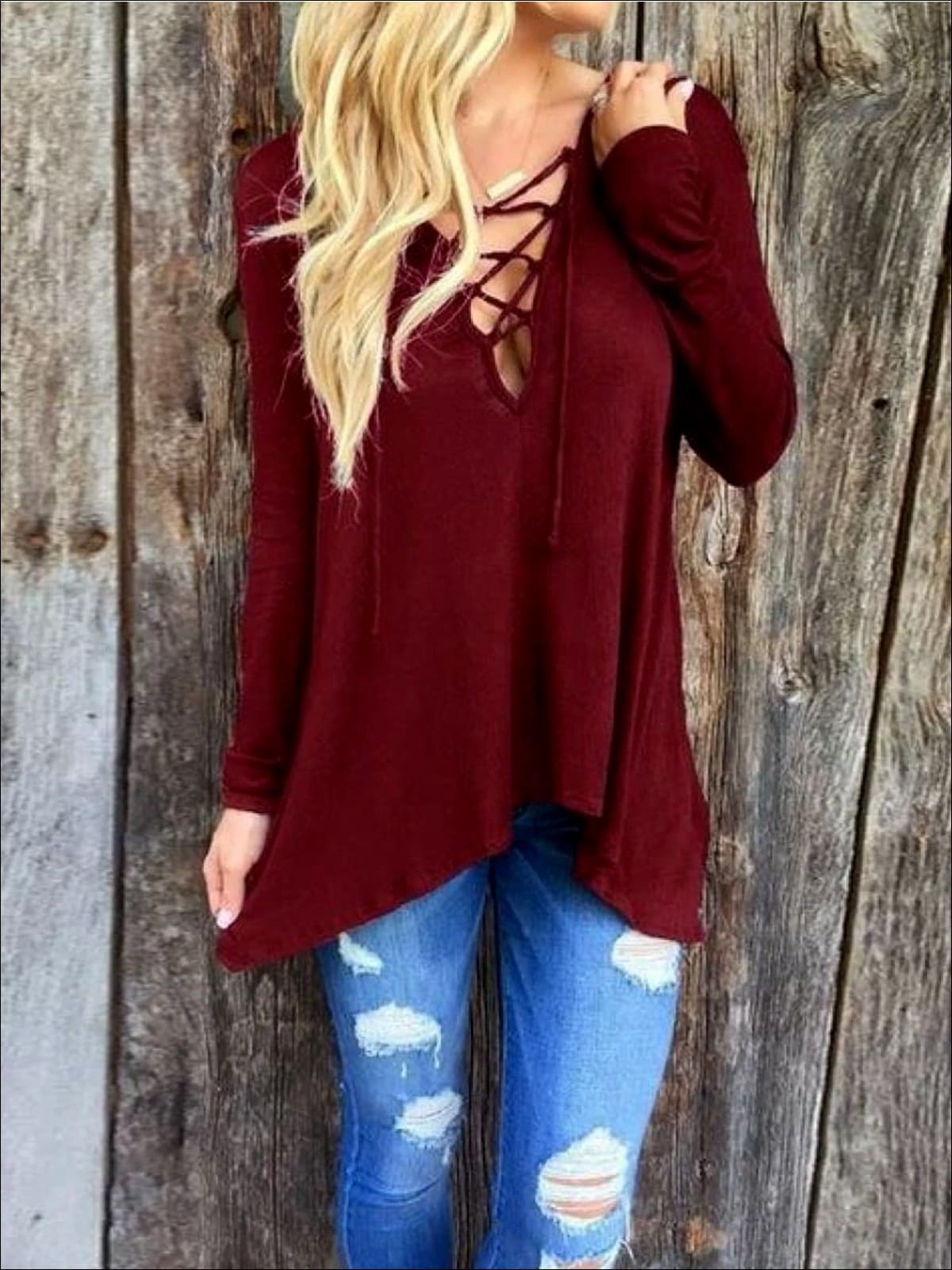 Womens Burgundy Long Sleeve Criss Cross Deep V Tunic - Burgundy / Small - Womens Tops