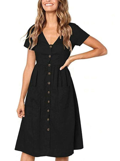 Womens Button Down Casual Dress With Front Square Pockets - Womens Dresses