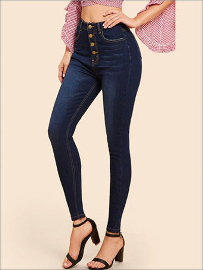 Womens Button Through Mid Waist Skinny Pants - Navy / S - Womens Bottoms