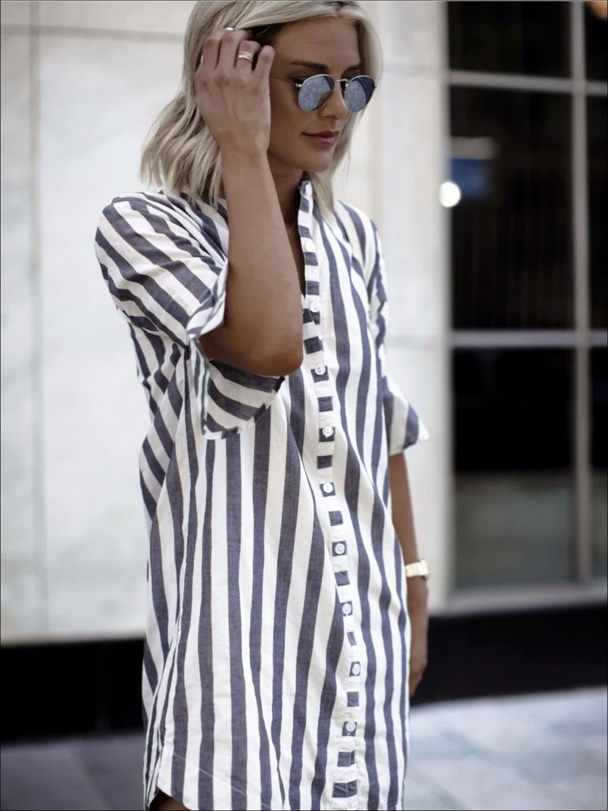 Womens Button Up Striped Tunic Blouse With Half Ruffle Sleeve - Womens Tops