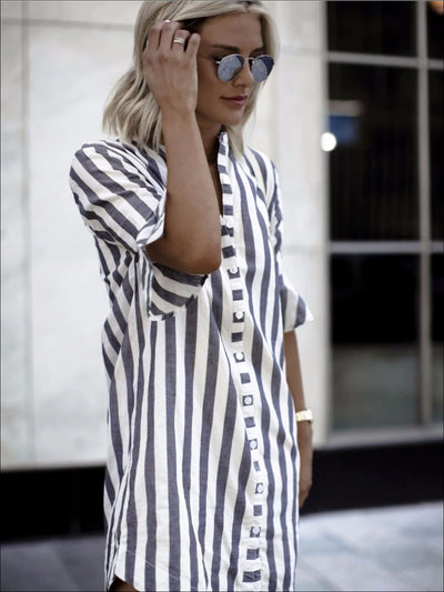 Womens Button Up Striped Tunic Blouse With Half Ruffle Sleeve - Womens Tops