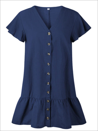 Womens Button Up V-Neck Ruffled Hem Casual Dress - Womens Dresses