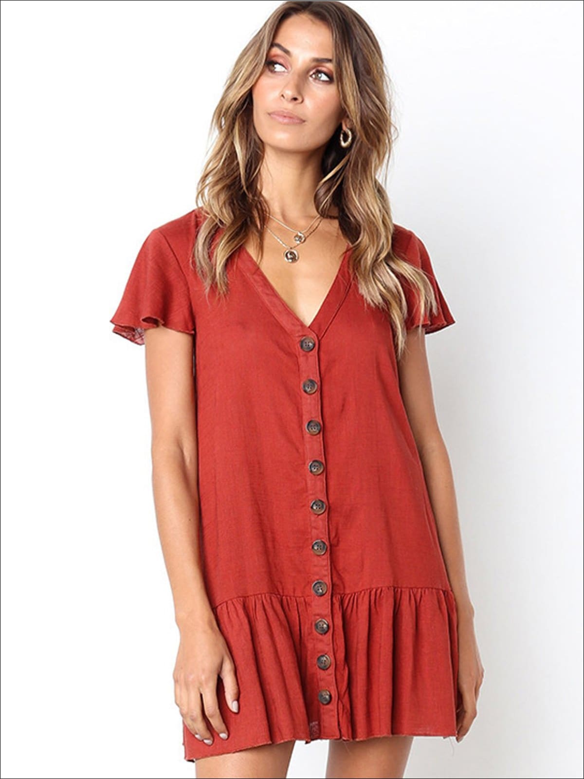 Womens Button Up V-Neck Ruffled Hem Casual Dress - Womens Dresses