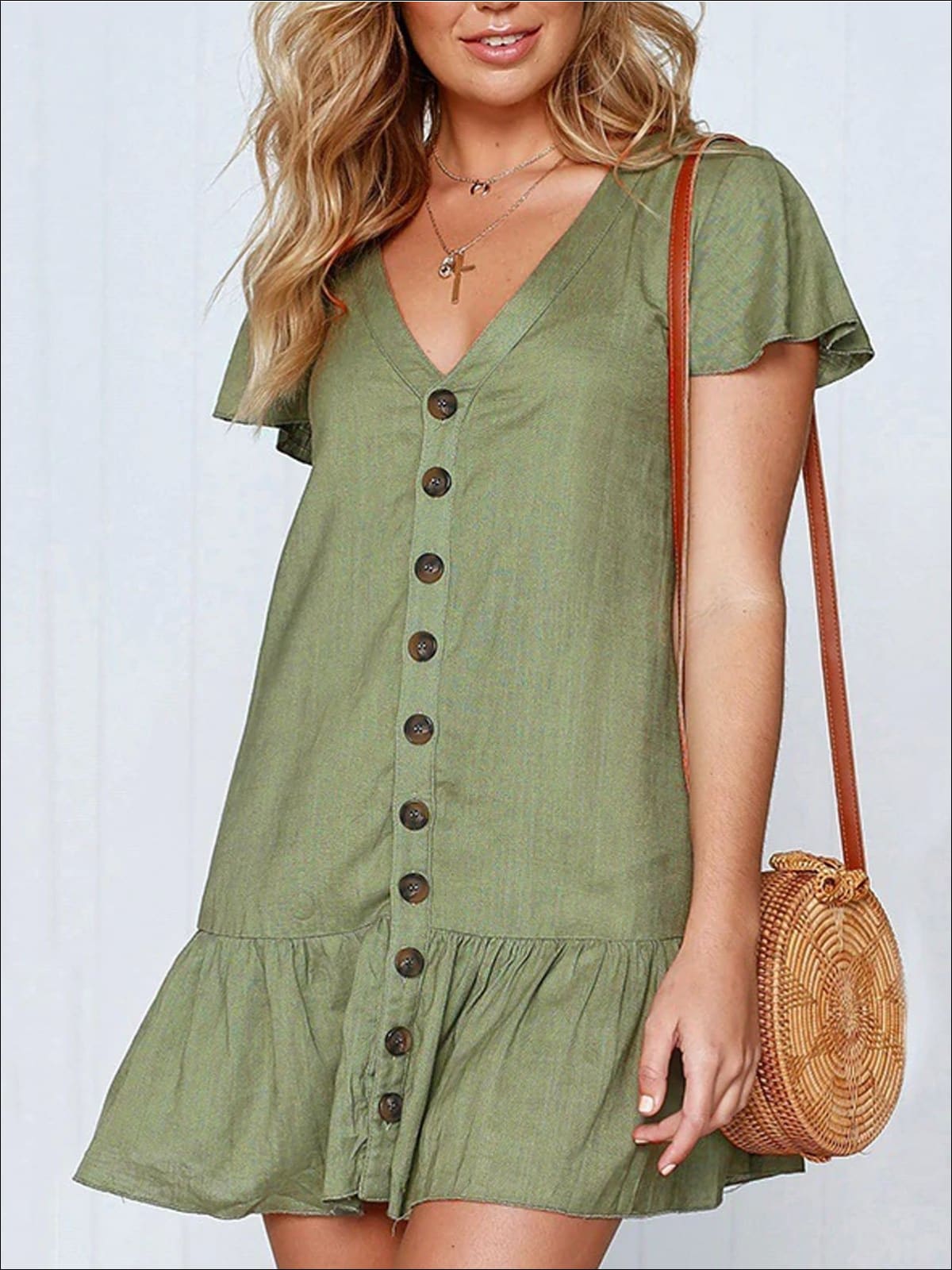 Womens Button Up V-Neck Ruffled Hem Casual Dress - Womens Dresses