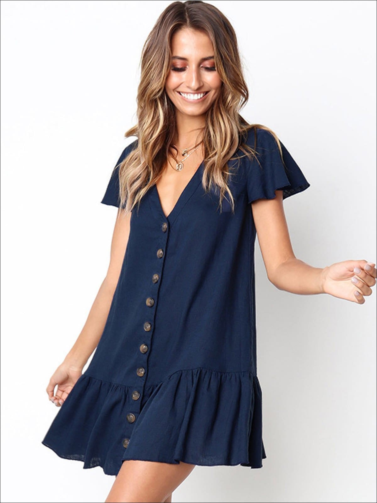 Womens Button Up V-Neck Ruffled Hem Casual Dress - Blue / S - Womens Dresses