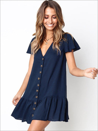 Womens Button Up V-Neck Ruffled Hem Casual Dress - Blue / S - Womens Dresses