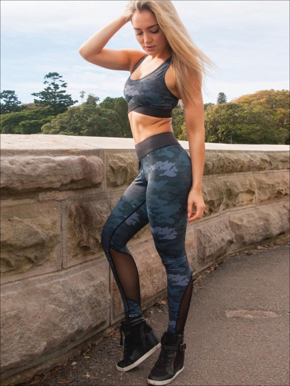 Womens Camo Print Sports Bra & Mesh Leggings Set (3 color Options) - Womens Activewear
