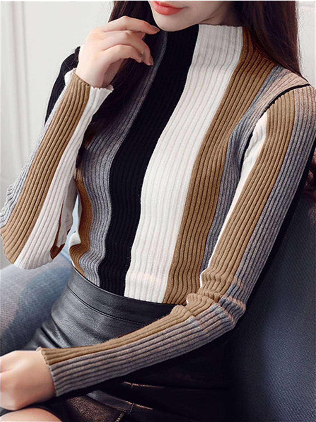 Womens Casual Knit Vertical Striped Sweater - Brown / S - Womens Fall Sweaters