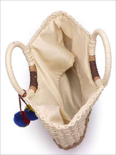 Womens Casual Semi-Circle Patchwork Pompom Wicker Handbag - Womens Accessories