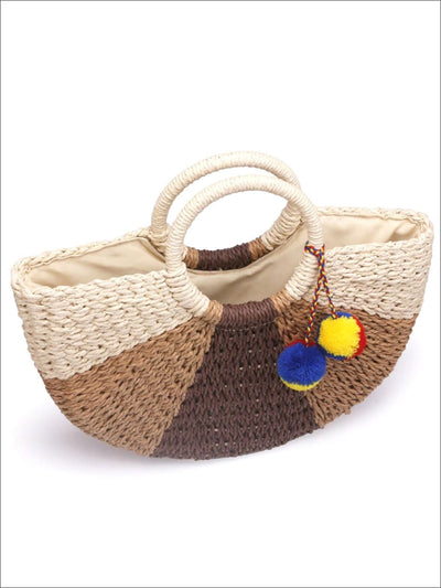 Womens Casual Semi-Circle Patchwork Pompom Wicker Handbag - Womens Accessories