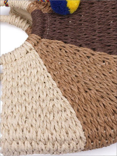 Womens Casual Semi-Circle Patchwork Pompom Wicker Handbag - Womens Accessories