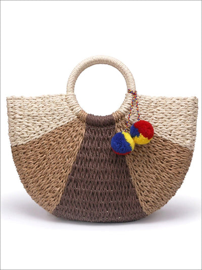 Womens Casual Semi-Circle Patchwork Pompom Wicker Handbag - Multicolor - Womens Accessories