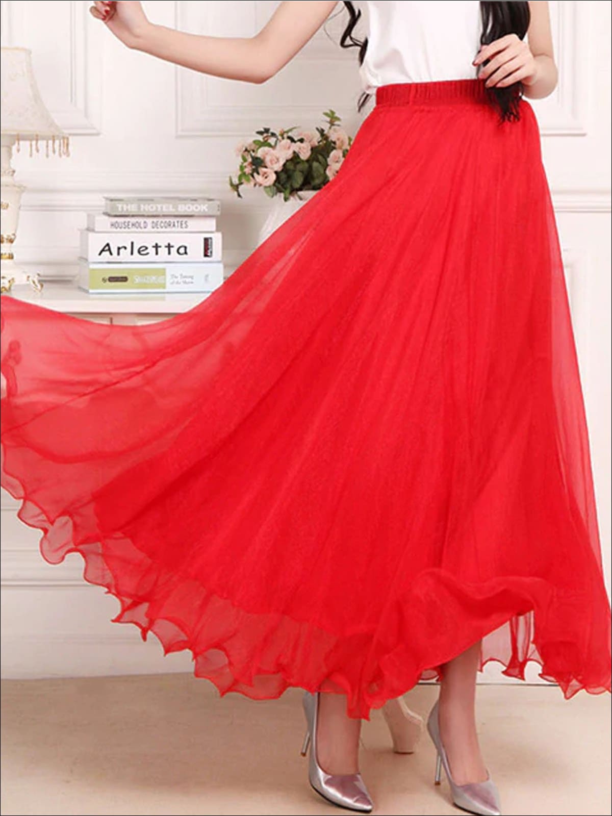 Womens Chiffon Ruffle Hem Mesh Maxi Skirt - Womens Bottoms