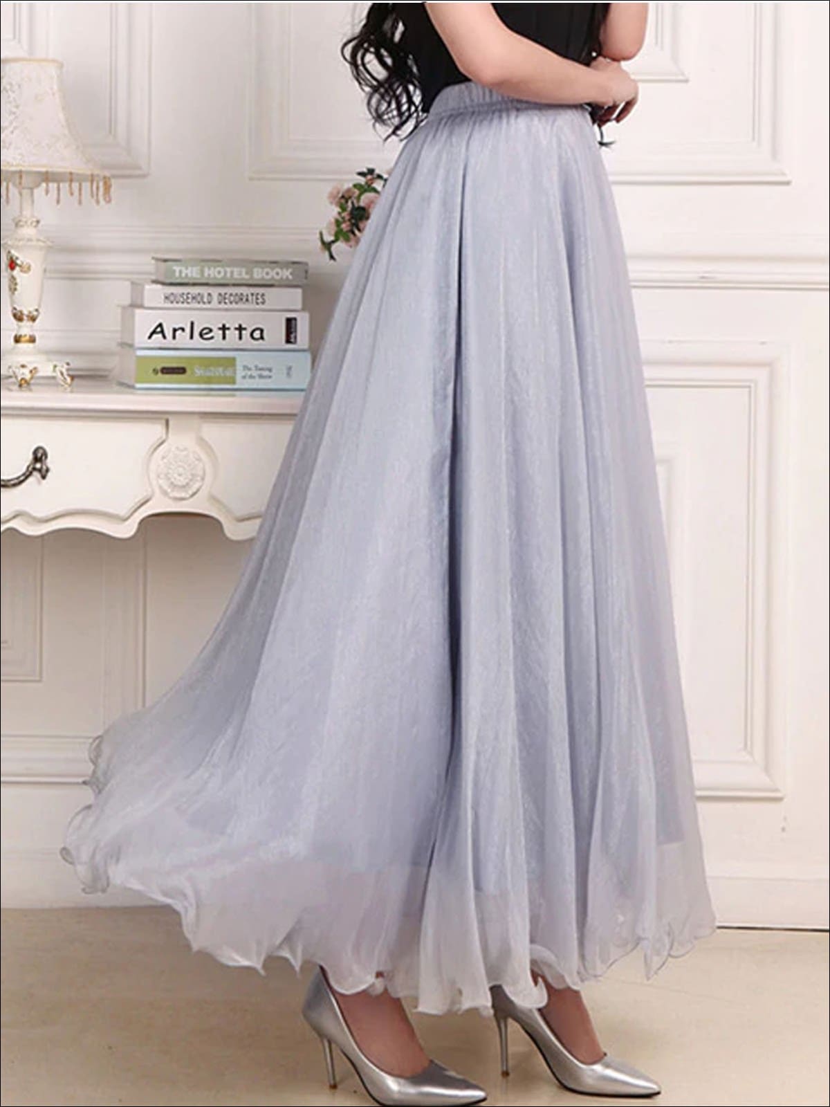 Womens Chiffon Ruffle Hem Mesh Maxi Skirt - Grey / XS - Womens Bottoms