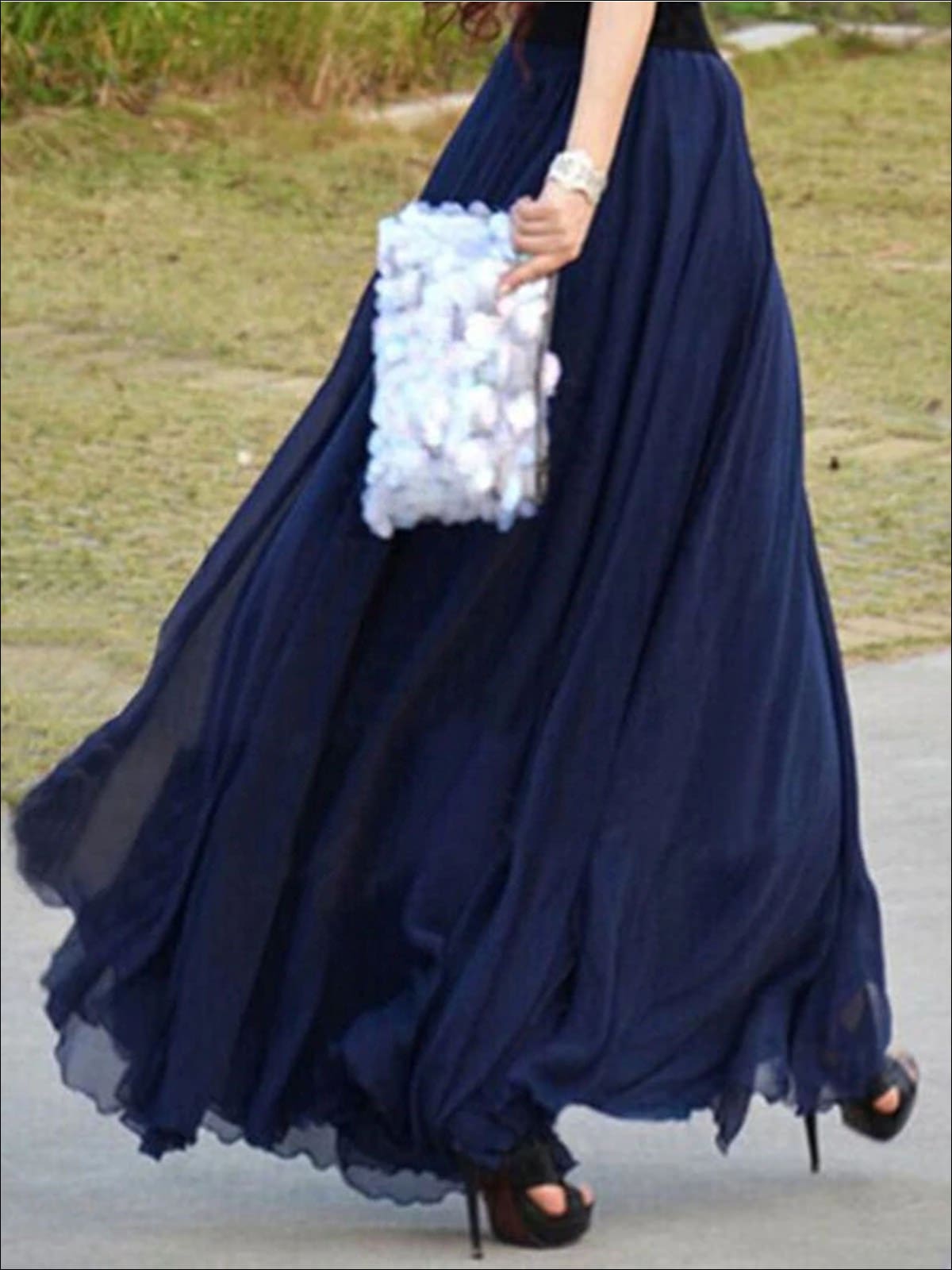 Womens Chiffon Ruffle Hem Mesh Maxi Skirt - Navy Blue / XS - Womens Bottoms