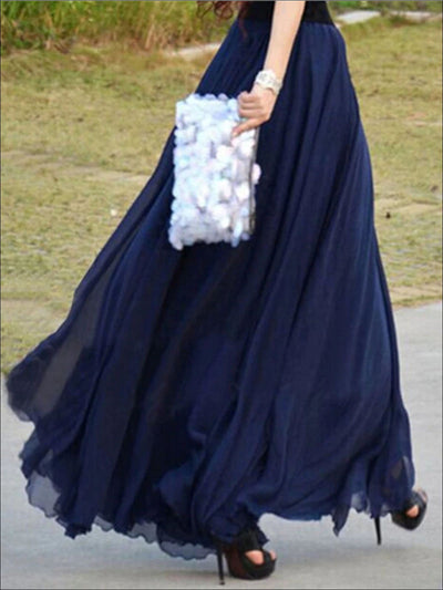 Womens Chiffon Ruffle Hem Mesh Maxi Skirt - Navy Blue / XS - Womens Bottoms