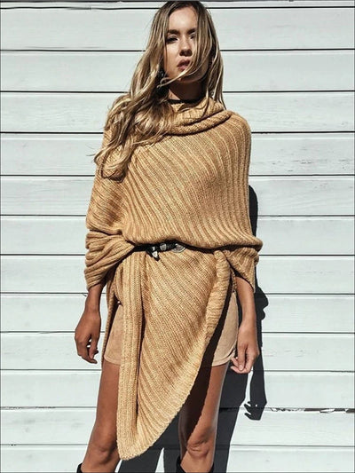 Womens Classic Knit Asymmetrical Poncho Sweater - Womens Fall Sweaters