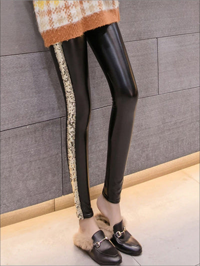 Womens Classic Side Sequined Synthetic Leather Leggings - Womens Bottoms