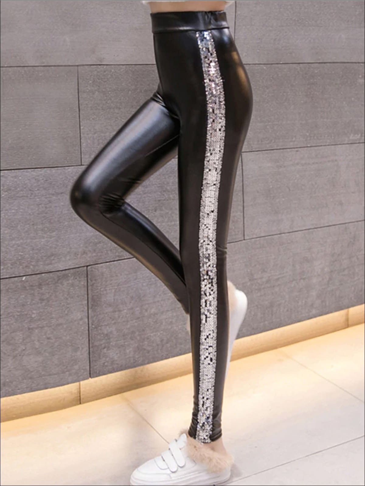 Womens Classic Side Sequined Synthetic Leather Leggings - Womens Bottoms