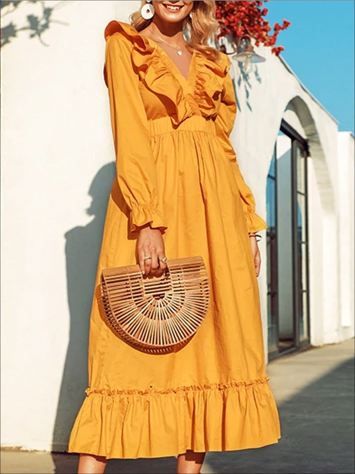 Womens Classic V-Neck High Waist Ruffled Dress - Womens Dresses