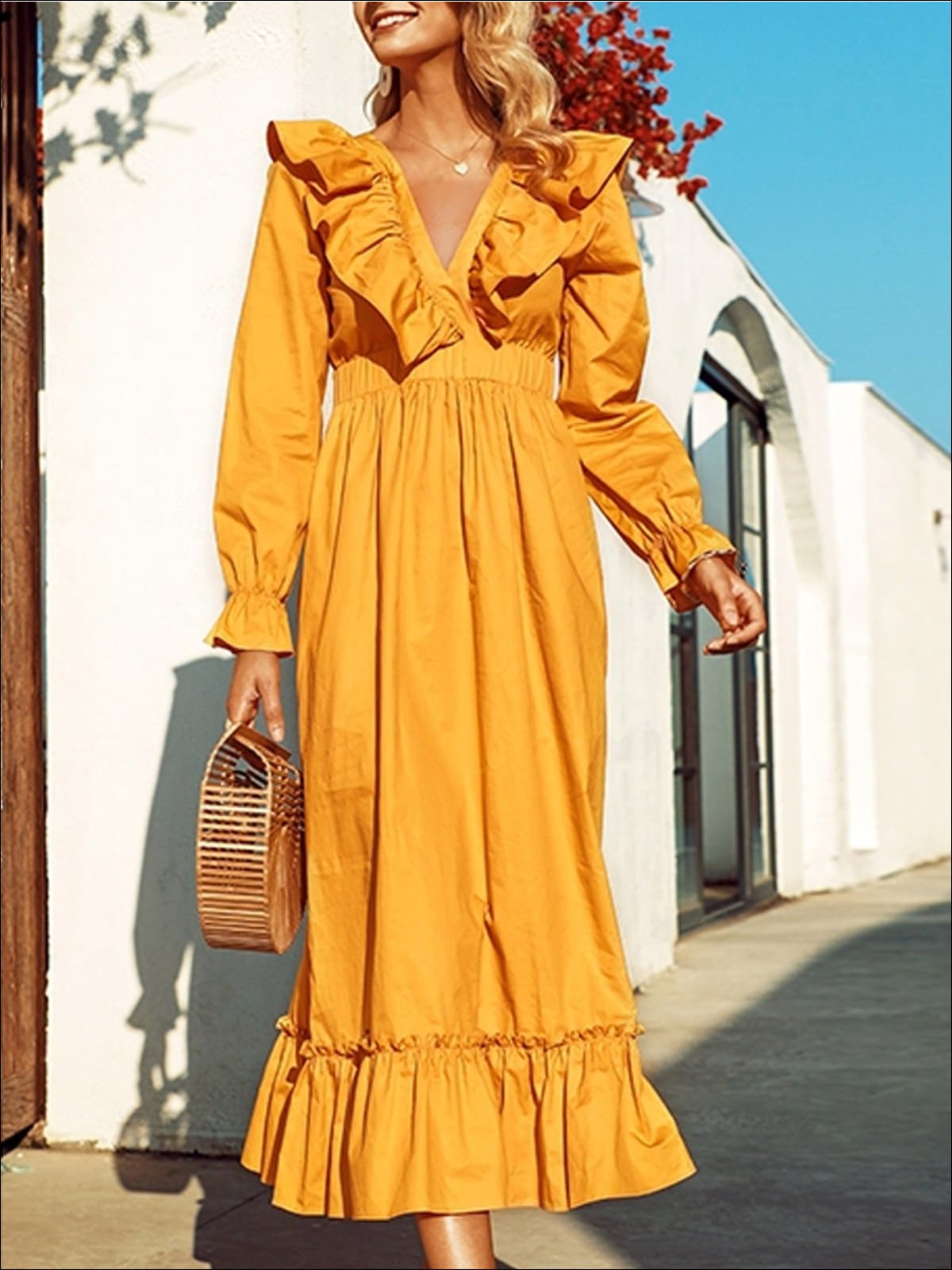 Womens Classic V-Neck High Waist Ruffled Dress - Womens Dresses