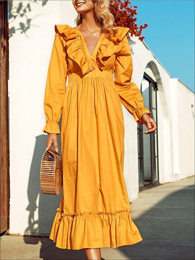 Womens Classic V-Neck High Waist Ruffled Dress - Womens Dresses